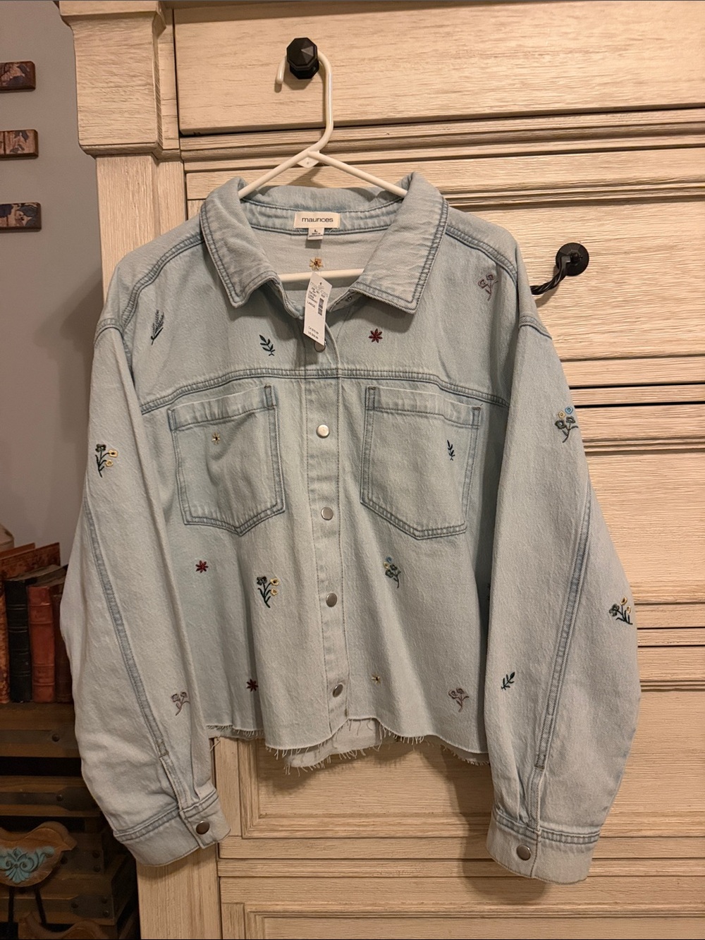 Maurices Pale Blue Embroidered Cropped Denim Jacket